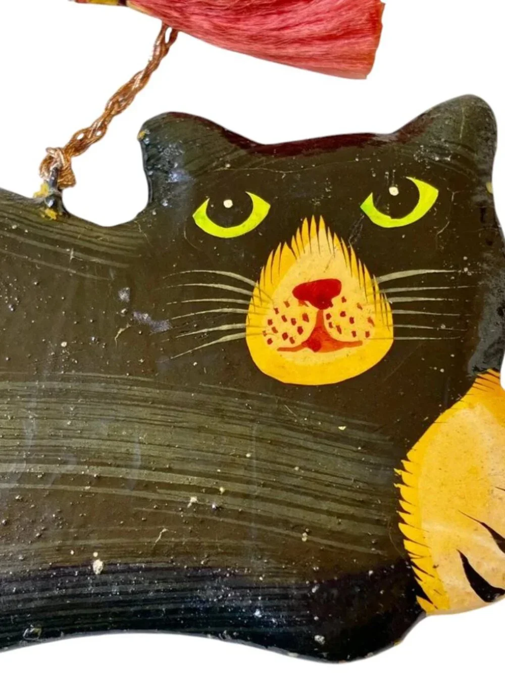 Vintage Wood Black Cat Christmas Hanging Ornament Hand Painted DOUBLE SIDED